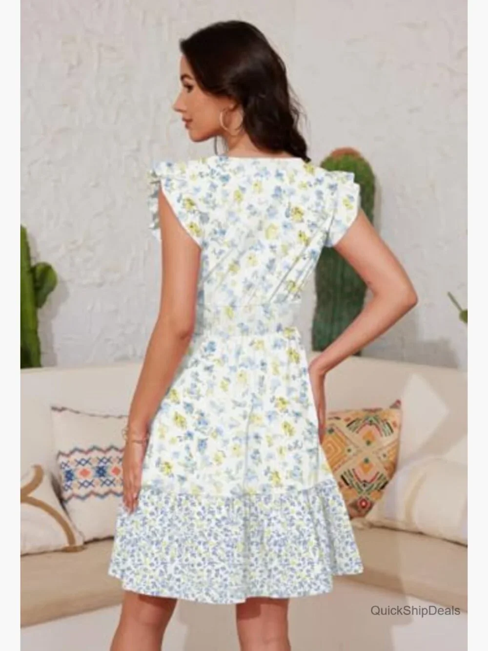 Ruffle Sleeve Layered Dress with Pockets Elastic Waist V Neck - Picture 2 of 5